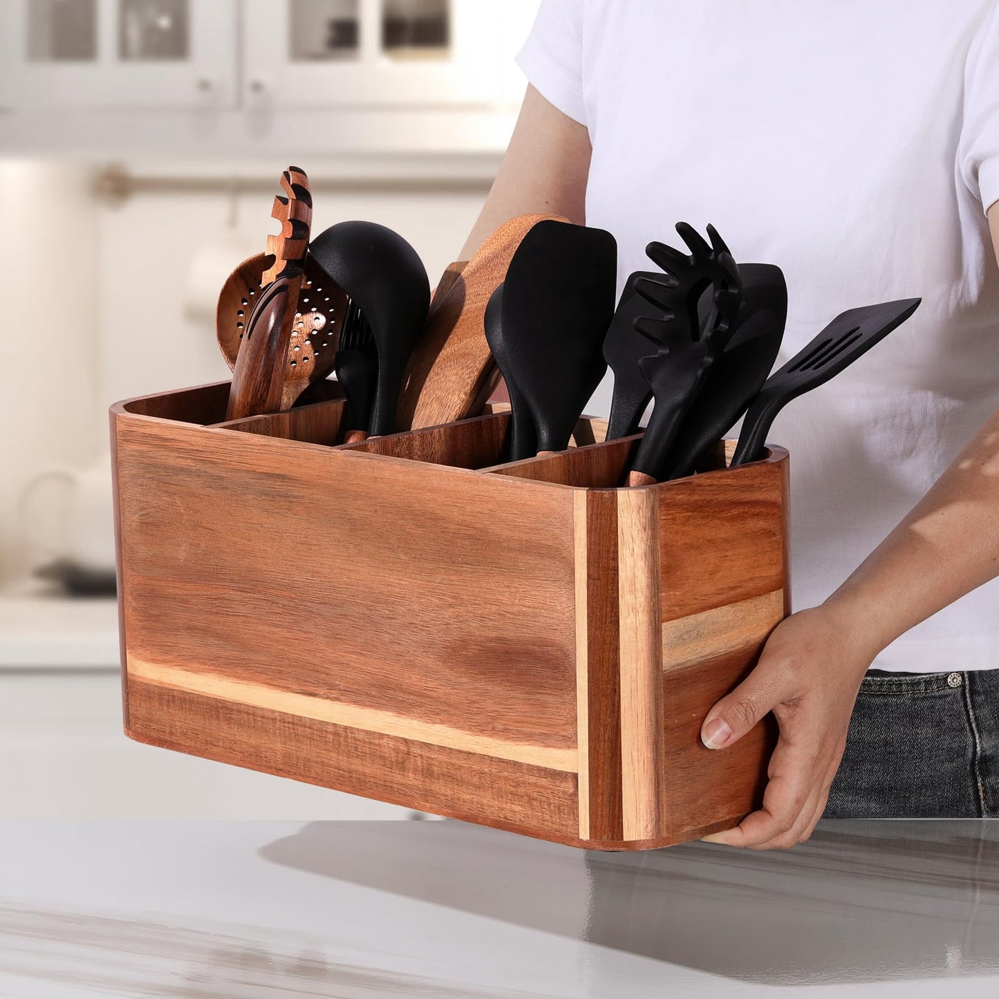 Utensil holder for Kitchen Counter - Large Kitchen Utensil Holder Organizer for Counter or Countertop, Large Wooden Utensil Holder with 4 Compartment（Acacia Wood）