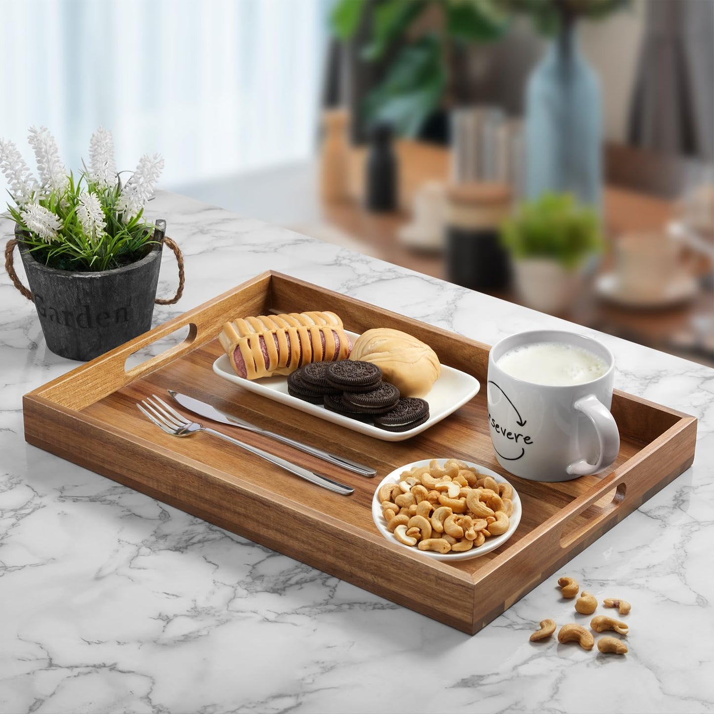 17 Inch Acacia Wood Serving Tray with Handles - Extra Large Wooden Tray for Ottoman, Breakfast in Bed, Dinner, Coffee Table - Decorative Rectangular Tray for Living Room Bedroom Entryway and Kitchen