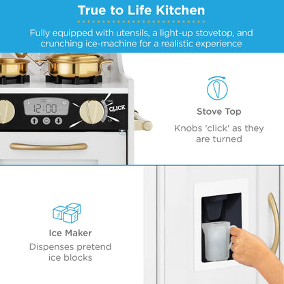 Best Choice Products Pretend Play Kitchen Wooden Toy Set for Kids w/Realistic Design, Telephone, Utensils, Oven, Microwave, Sink - White Bevel