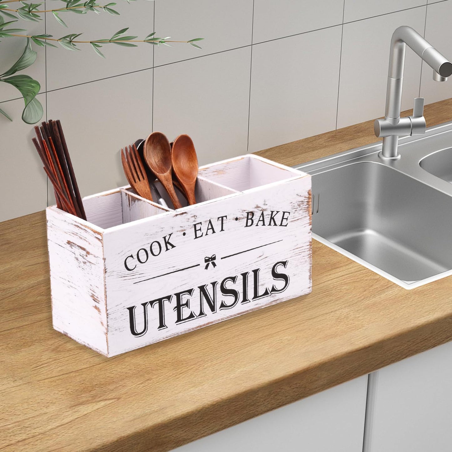 Kuatrck Rodelna Wooden Utensil Holder, Large Utensil Organizer for Kitchen Counter, Wood Utensil Crock for Countertop with 3 Compartments, Rustic Container Farmhouse Kitchen Decor - White