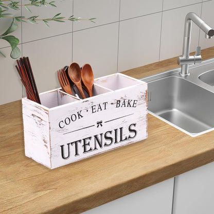 Kuatrck Rodelna Wooden Utensil Holder, Large Utensil Organizer for Kitchen Counter, Wood Utensil Crock for Countertop with 3 Compartments, Rustic Container Farmhouse Kitchen Decor - White