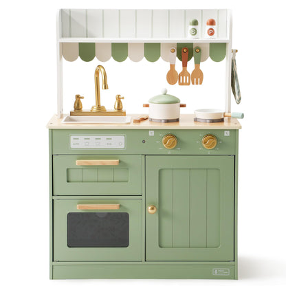 ROBUD Wooden Play Kitchen Set for Kids, Pretend Play Kitchen Toy Set with Golden Faucet, Sink, Oven, Stove, Cabinet, Vintage Style, Gift for Boys & Girls Ages 3+ (Green)