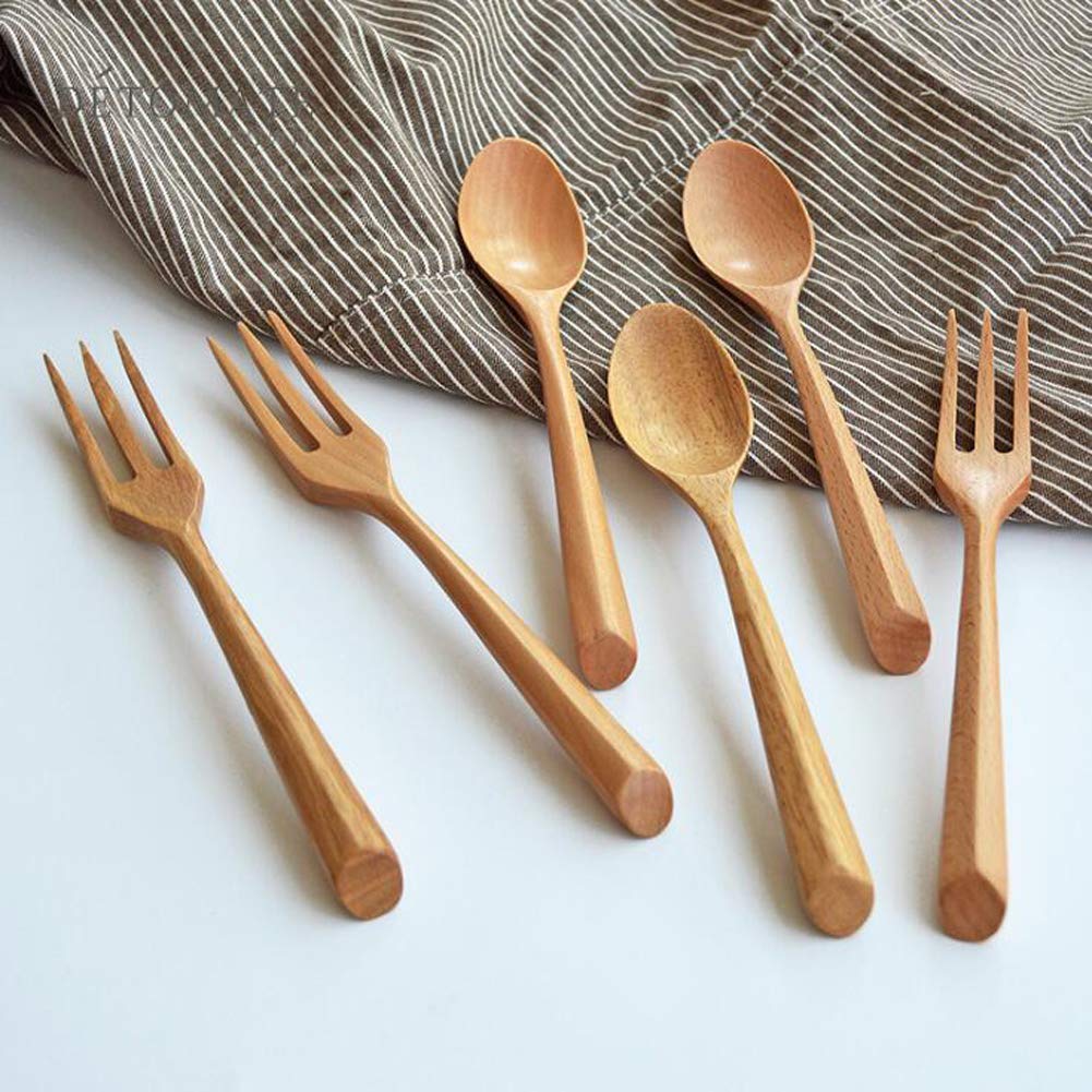 Kyien 6Pcs Wood Soup Spoons And Forks Sets 7.5In Natural Wood Eating Utensils Wooden Flatware Set, Eco Friendly Wood Cutlery Wooden Dinner Fork And Spoon, 3 Spoons and 3 Forks