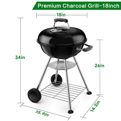BEAU JARDIN Premium 18.1 Inch Charcoal Grill for Outdoor Cooking Barbecue Camping BBQ Coal Kettle Grill Tailgating Portable Heavy Duty Round with Thickened Grilling Bowl with Wheels BG231