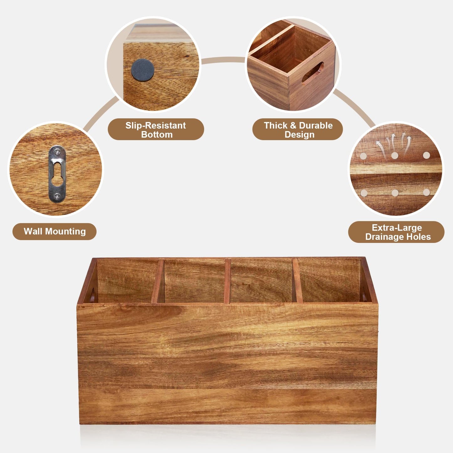 Guijinga Extra Large Kitchen Utensil Holder with 4 Compartments，Acacia Wood Utensil Holder Counter，Suitable for Kitchen Countertops to Store Tableware and Cooking Tools Wooden Utensil Organizer