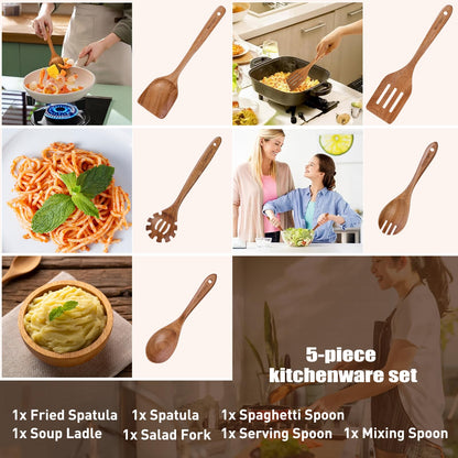WOTTISH Wooden Spoons for Cooking - 5-Piece Wooden Kitchen Utensil Set made of Natural Solid Wood Material - Includes Salad Spoons, Spaghetti Spoon, Salad Fork, Flat Spatula,Slotted Spatula(A05)