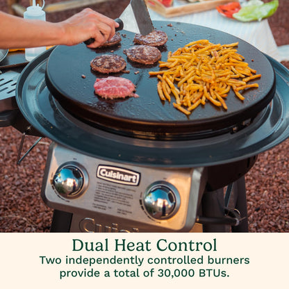 Cuisinart 360° Griddle Outdoor Cooking Center, 22” Round Flat Top Grill with Stainless Steel Vented Lid, Folding Prep Table, 30,000 BTU Burners, Grease Management, Gas Grill Perfect for BBQ, Cookouts