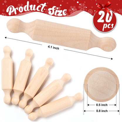 20PCS Mini Rolling Pins for Crafts, Small Wooden Dough Roller for Children in the Kitchen Baking and Imaginative Play, Wooden Tiered Tray Decorative for Halloween and Christmas Presents (4.1 Inches)