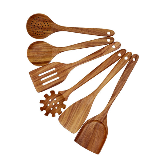 Valtify Kitchen Utensil Set, Comfort Grip Wooden Cooking Spoons and Spatula, Eco-Friendly, Heat-Resistant, Teakwood Utensils for Cooking, 6-Piece Set with Wooden Spoons and Kitchen Accessories