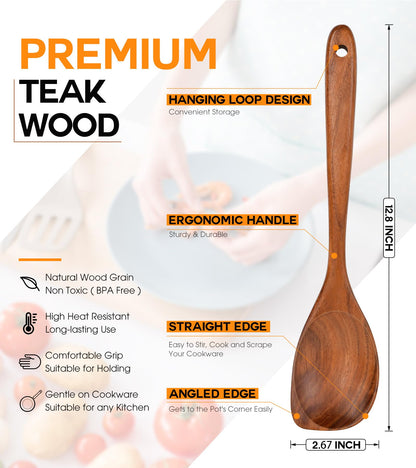 Wooden Spoons for Cooking, Natural Premium Teak Wood Corner Spoon, Good Grip Large Wooden Spoons and Wooden Spatula, Heat Resistant Wooden Cooking Utensils for Nonstick Cookware Cooking Gifts