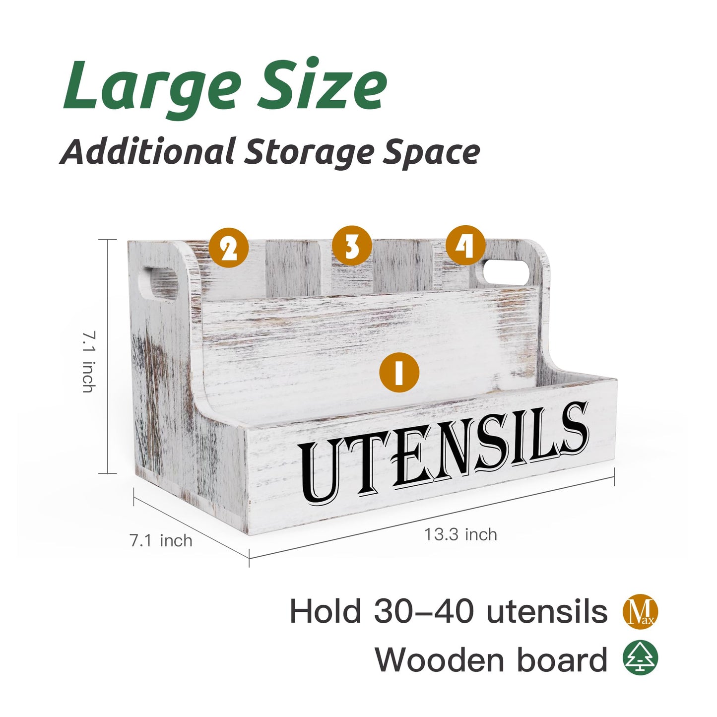 Suli Extra Large Kitchen Utensils Holder with 4 Compartments, White Wooden Utensil Organizer for Kitchen Countertop, Farmhouse Utensil Storage, Rustic Cooking Utensils - White Grain