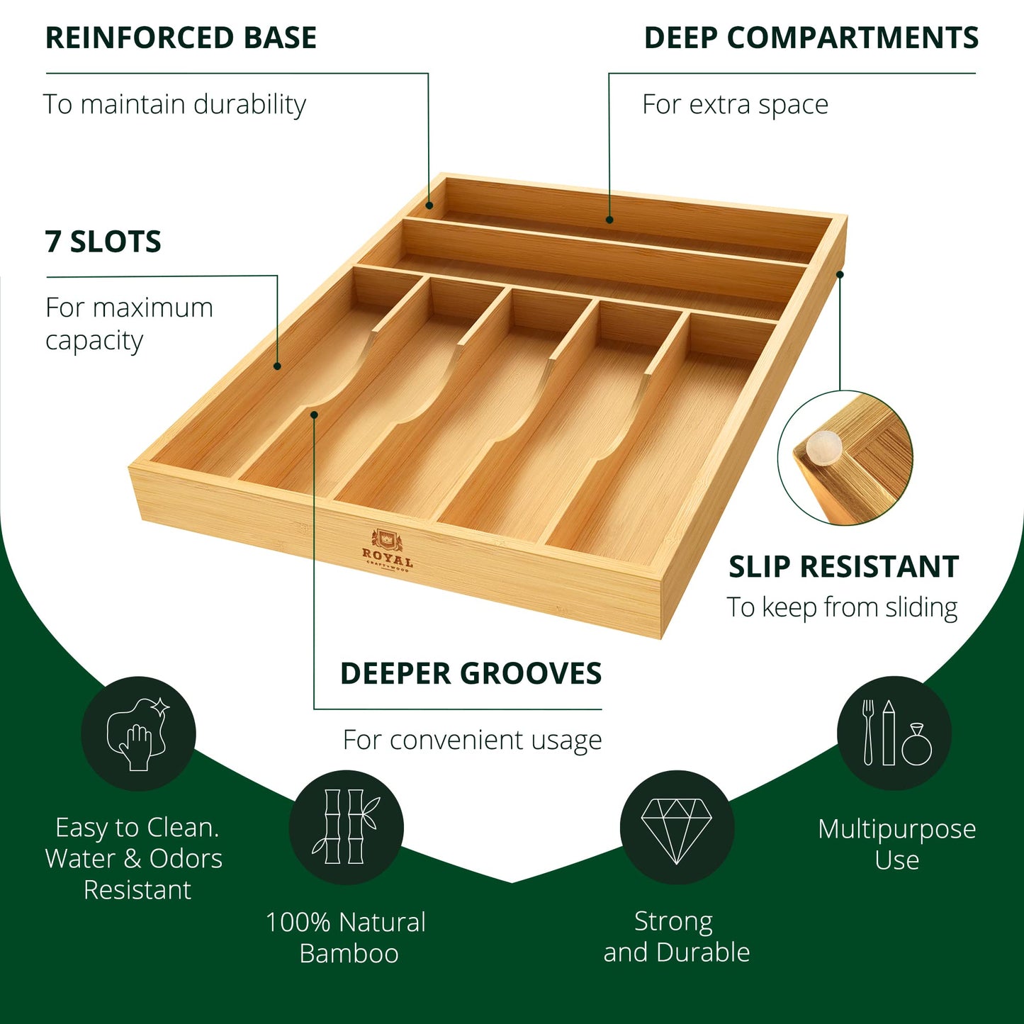 ROYAL CRAFT WOOD Luxury Bamboo Kitchen Drawer Organizer - Silverware Organizer - Utensil Holder and Cutlery Tray with Grooved Drawer Dividers for Flatware and Kitchen Utensils (7 Slot, Natural)