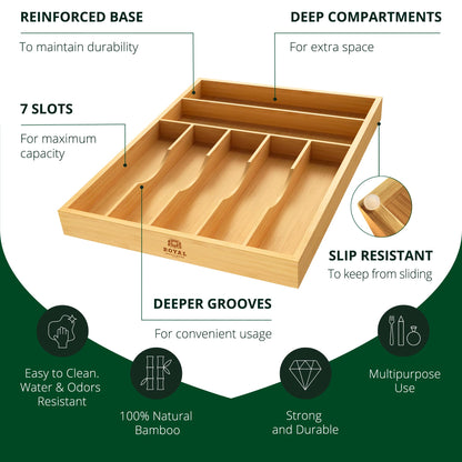 ROYAL CRAFT WOOD Luxury Bamboo Kitchen Drawer Organizer - Silverware Organizer - Utensil Holder and Cutlery Tray with Grooved Drawer Dividers for Flatware and Kitchen Utensils (7 Slot, Natural)