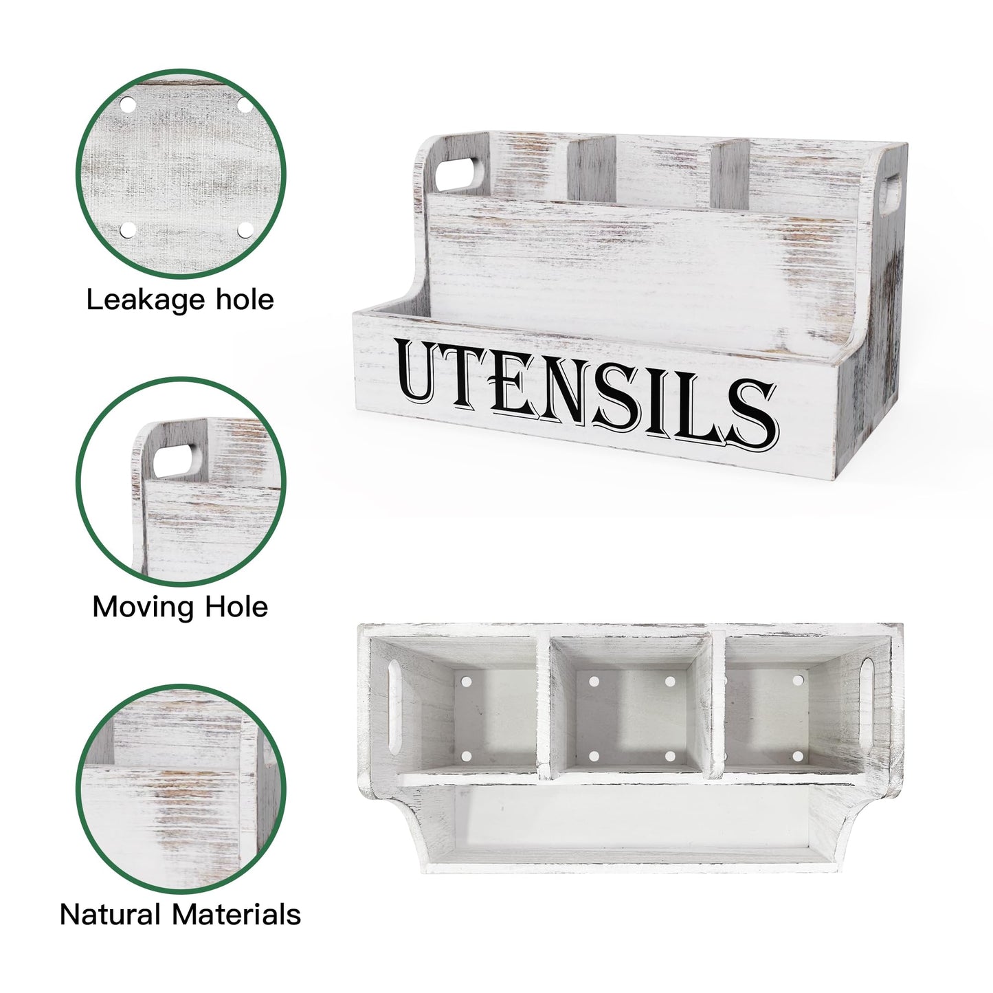 Suli Extra Large Kitchen Utensils Holder with 4 Compartments, White Wooden Utensil Organizer for Kitchen Countertop, Farmhouse Utensil Storage, Rustic Cooking Utensils - White Grain