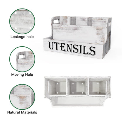 Suli Extra Large Kitchen Utensils Holder with 4 Compartments, White Wooden Utensil Organizer for Kitchen Countertop, Farmhouse Utensil Storage, Rustic Cooking Utensils - White Grain