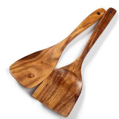 Wooden Spatulas, 2 PCs Natural Acacia Wooden Cooking Utensils Set for Non-stick Pan Kitchen Tool, flipping and Wok Spatula, Wooden Spoons & Spurtle for Cooking