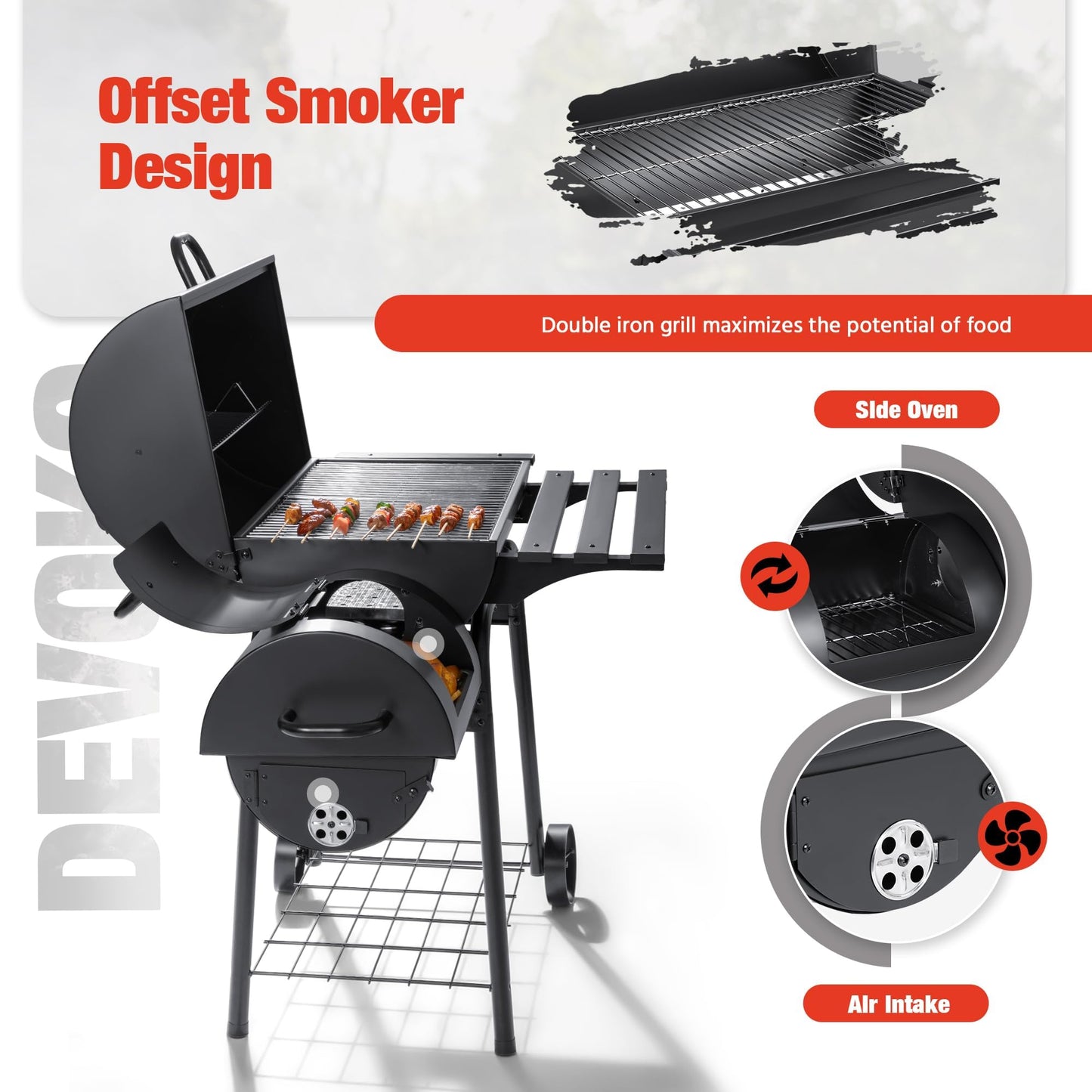 Devoko Charcoal Grill, Outdoor BBQ Grill with Offset Smoker and Side Table for Garden and Parties
