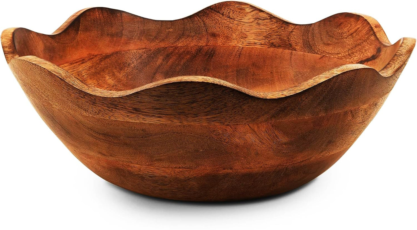 TrendBell Handmade Large Wooden Bowl Mango Wood Decorative Bowl for Veggies, Fruits Wooden Serving Scalloped Bowl Modern Rustic Home Decorations Home Party Wedding Décor 12 x 4.5 x 11 Inches