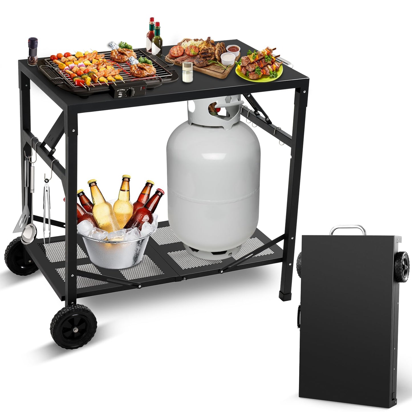 KHAMAL Grill Cart Outdoor with Wheels - Foldable Pizza Oven Stand Table, Portable Dining Cart Table for Outdoor, BBQ, Indoor, Kitchen(Black with Silver Handle)