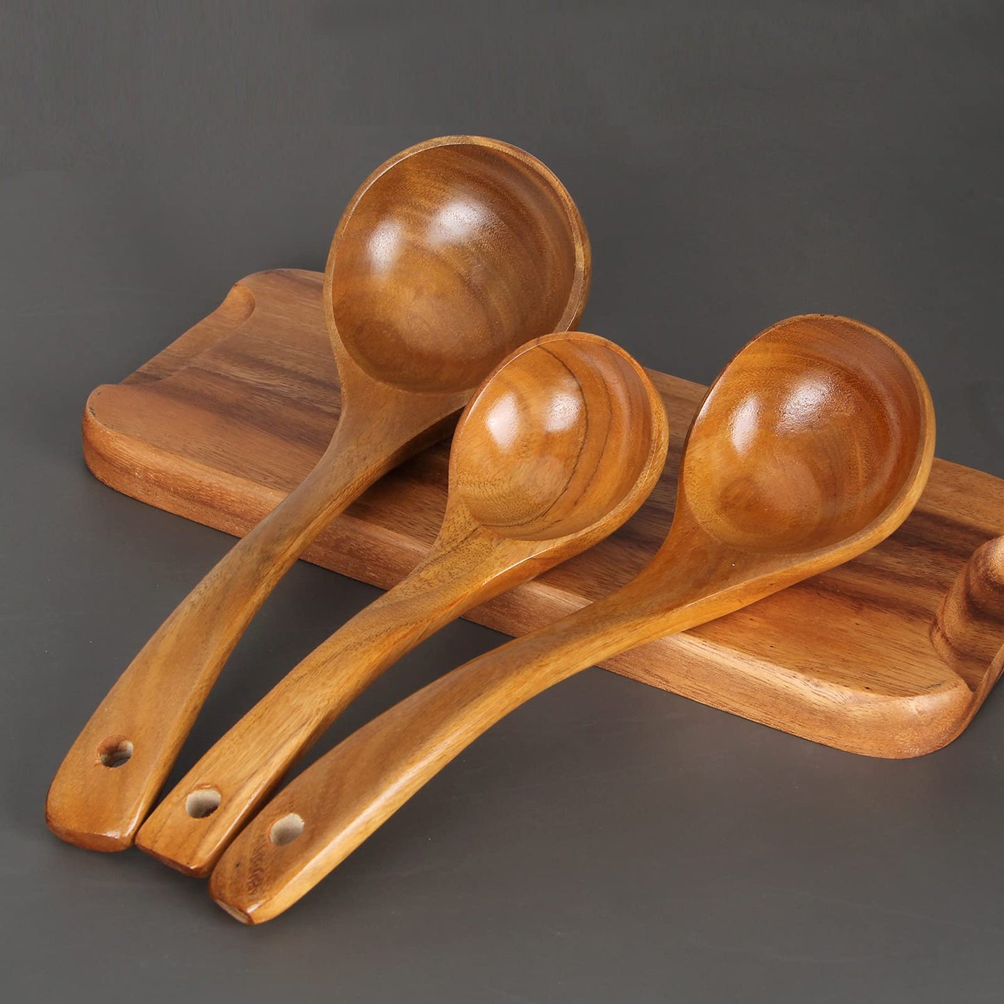 3 Pack Wooden Ladles for Serving Spoon Soup Ladle Wood Spoons for Cooking Ladel Large Bamboo Kitchen Tools Ladles Big Spaghetti Spoon Laddle Non Toxic Soup Spoons Teak deep Ladle