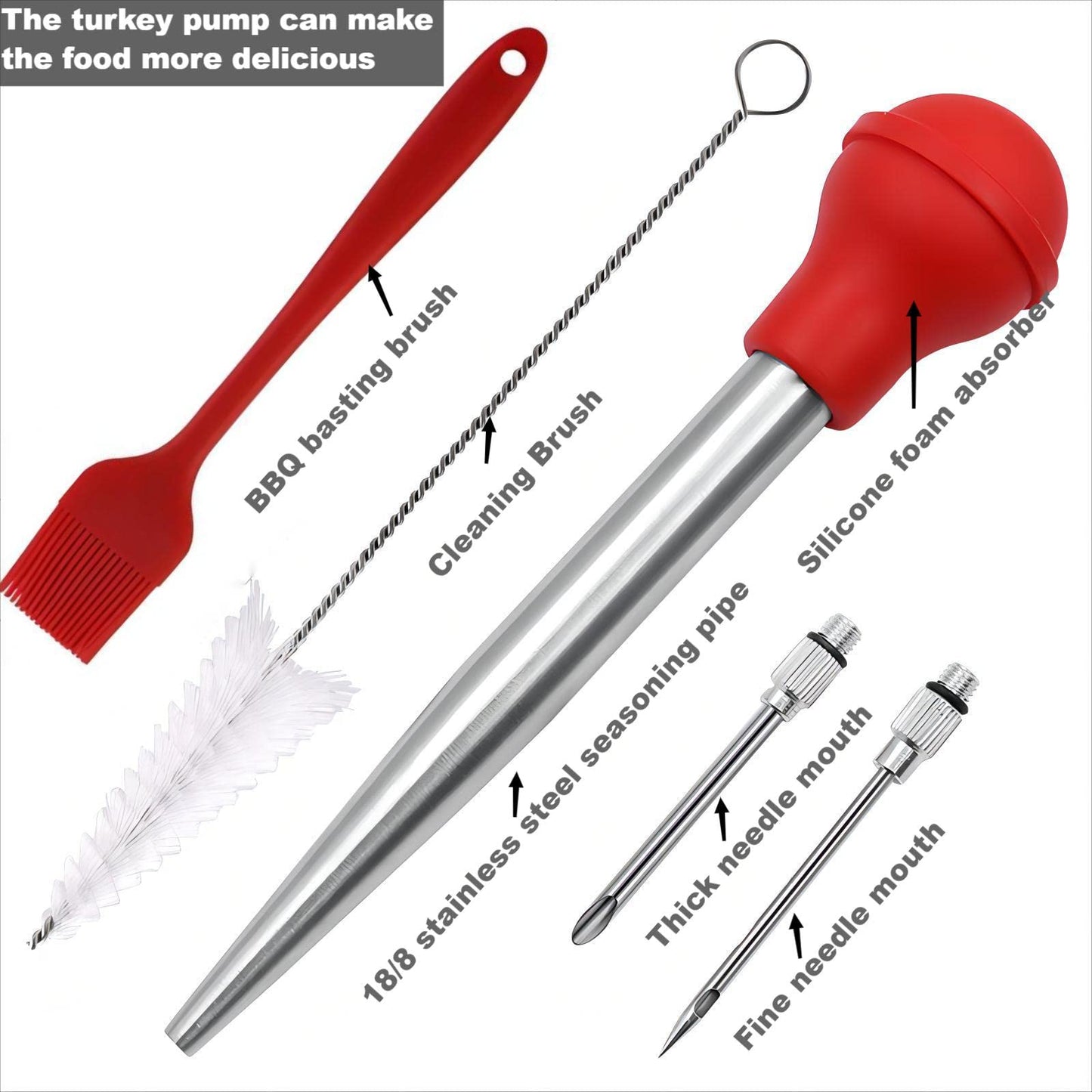 Kalsreui Turkey Baster, 18/8 Stainless Steel Turkey Baster Syringe for Cooking, Meat Injector Baster Set with 2 Needles & 2 Cleaning Basting Brush, Baster for Flavor Meat Poultry, Beef&Chicken Red