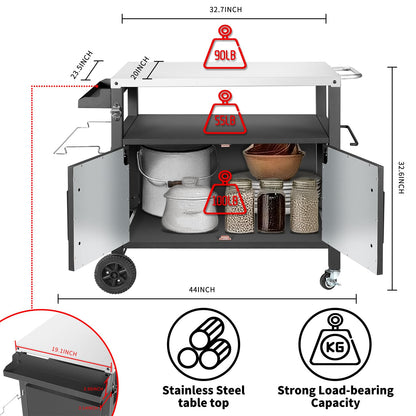 Kendane Grill Cart Table with Big Storage Cabinet, Movable Outdoor Dining Cart Pizza Oven Stand, Kitchen Cart Island Multifunction Food Prep Table Stainless Steel Surface