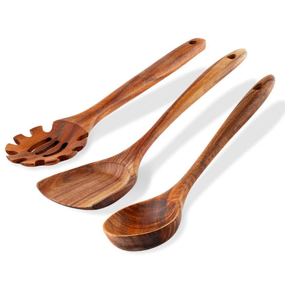 FJNATINH 3-Piece Teak Wooden Wok Spatula Set, Wooden Kitchen Utensil Set, 100% Natural Teak Wood Cooking Utensils