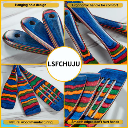 Wooden Spurtle Set, 3 Pcs Teak Wood Wooden Kitchen Utensil Set Includes Spatula(colorful wood）