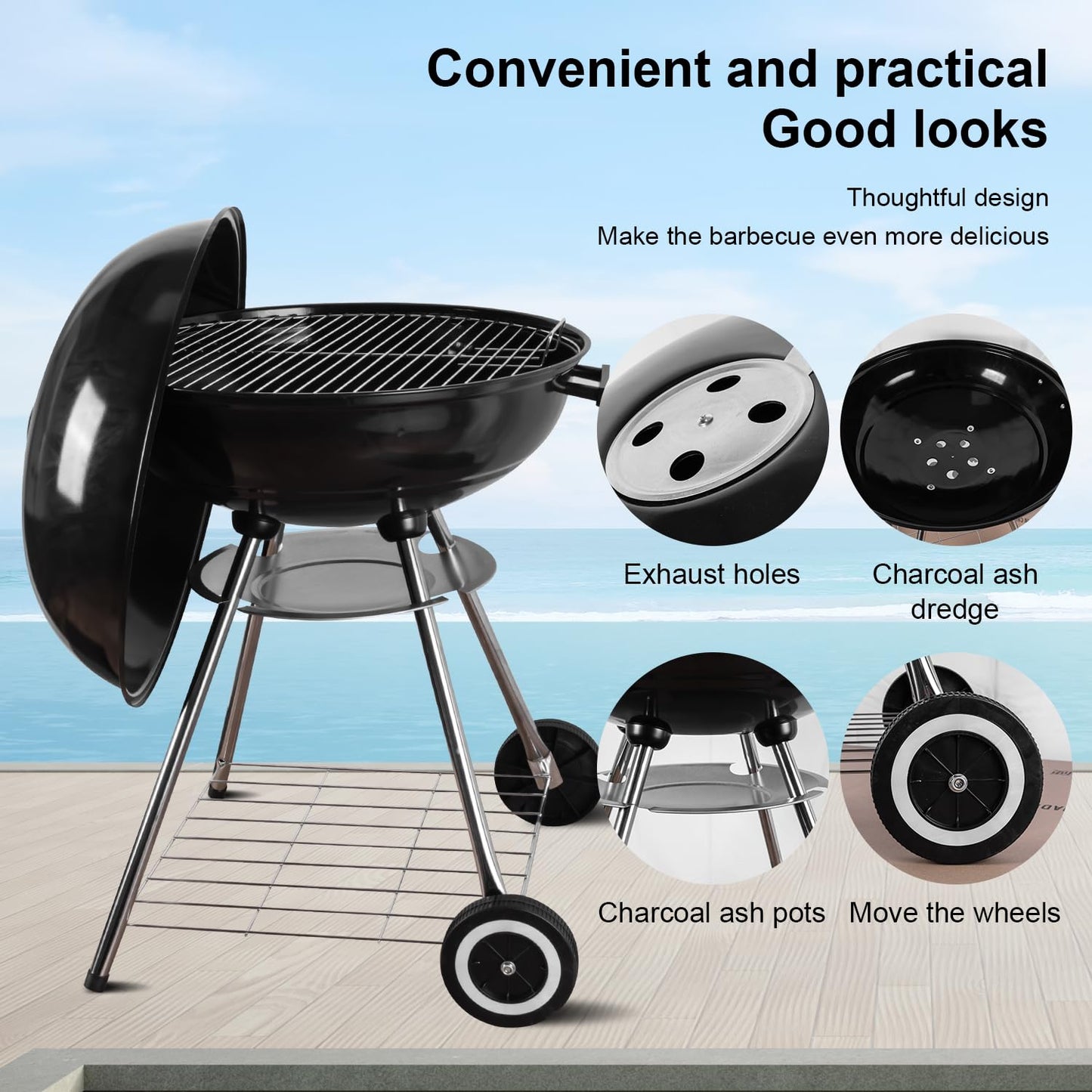 gzcmxh Charcoal Grill - portable BBQ Grill with adjustable air vent, wheels, hanlde - Charcoal Kettle Grill for outdoor, camping, backyard, picnics, party parties (22inch Apple)