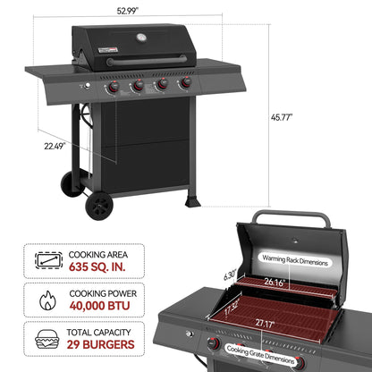 Royal Gourmet GA4401T 4 Burner Propane Gas Grill with Porcelain-enameled Cast Iron Grates, Outdoor BBQ Grill with Warming Rack for Outdoor Cooking and Backyard Barbecues, Black and Gray