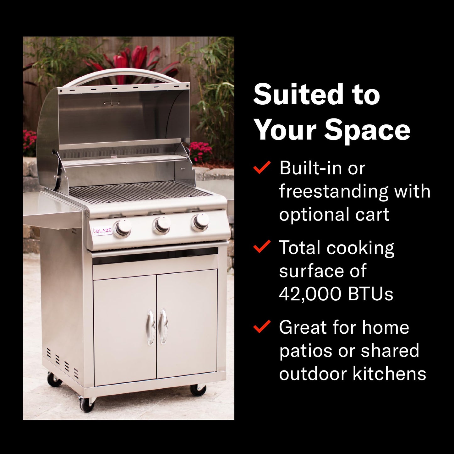Blaze Prelude LBM Built-in Natural Gas Grill | 25-Inch 3-Burner BBQ with 42,000 BTUs | 304 Stainless Steel Construction | Flame Stabilizing Grids BLZ-3LBM-NG