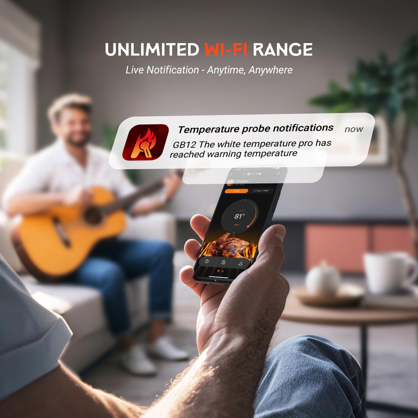 Wireless Meat Thermometer - 5G Wi-Fi and 5.4 Bluetooth Meat Thermometer Digital Wireless for Grilling and Smoking with IP67 Dual Probes and Backlight LCD Display for BBQ, Smoker, Oven, Grill