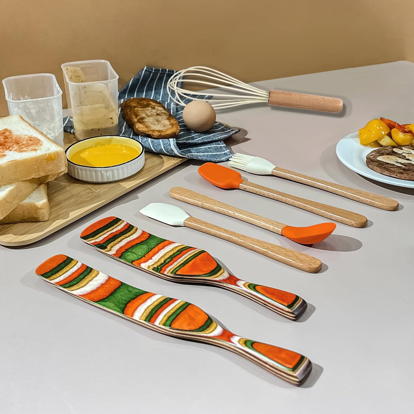 Kitchen Utensils Set,8PCS Spurtles Kitchen Tools,Pakkawood Spurtle Set,wooden Handle silicone Cooking Utensils Set,with Whisk,Brush,Tongs, Spoon Spatula,Silicone spoon