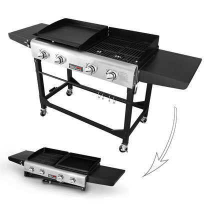 Royal Gourmet GD401C 4-Burner Propane Gas Grill and Griddle Combo with Cover, Griddle Grill Combo with 48,000 BTUs Output for Outdoor Cooking While Camping or Tailgating, Black & Silver