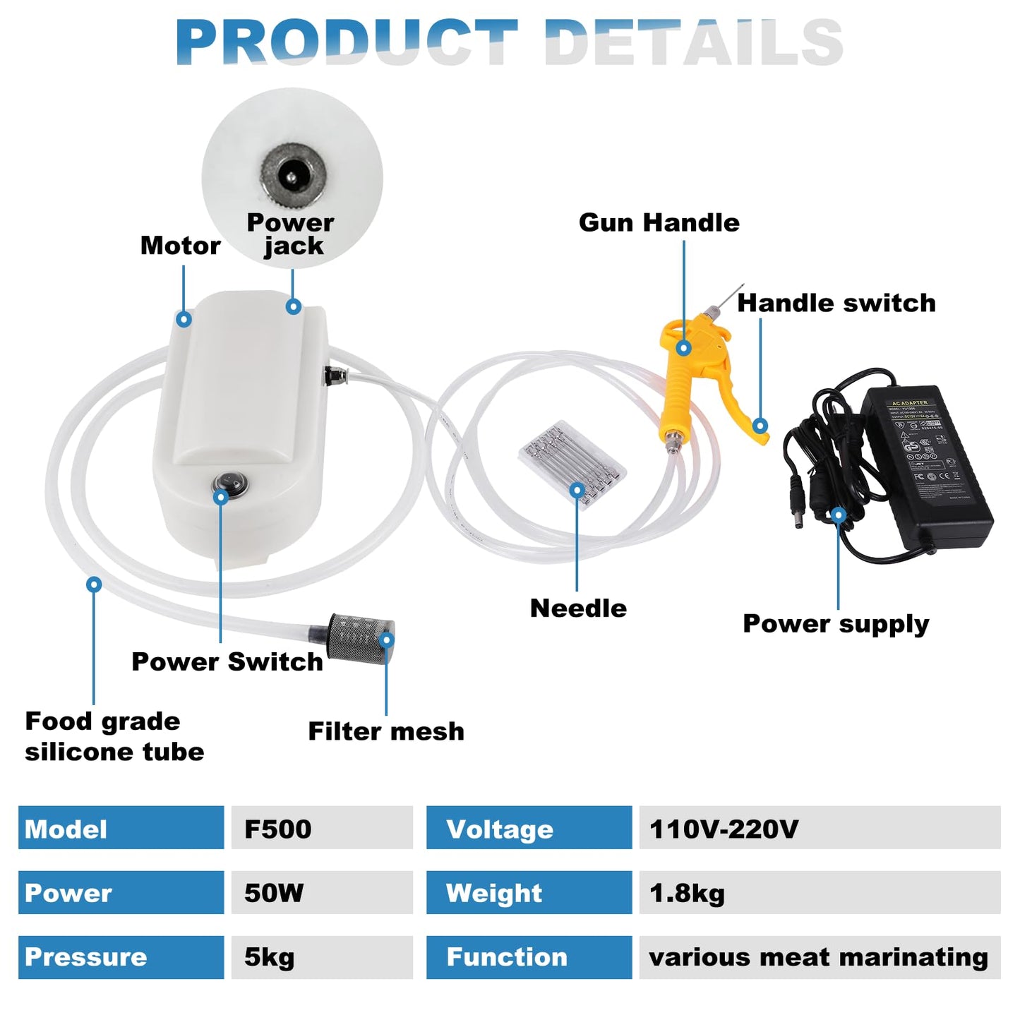 Electric Meat Injector Gun Pump with Hose, 50W Automatic Marinade Injector Syringe Kit for BBQ, Turkey Pork Beef, 10 Stainless Steel Needles for Home Kitchen & Outdoor Grilling