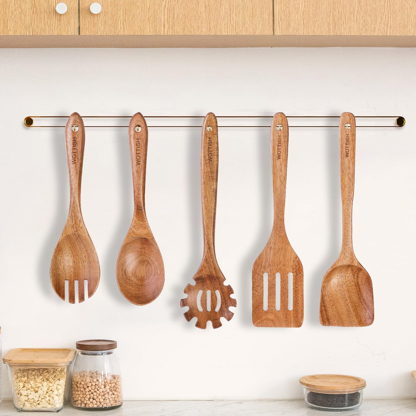 WOTTISH Wooden Spoons for Cooking - 5-Piece Wooden Kitchen Utensil Set made of Natural Solid Wood Material - Includes Salad Spoons, Spaghetti Spoon, Salad Fork, Flat Spatula,Slotted Spatula(A05)