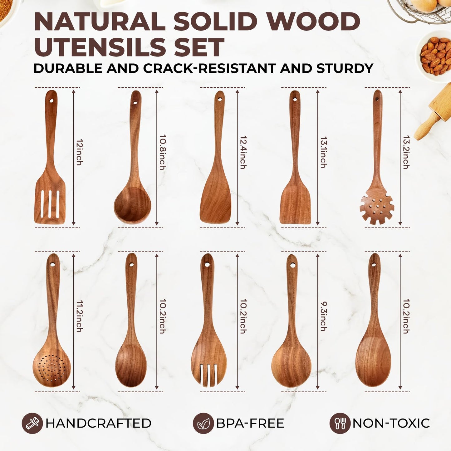 Wooden Kitchen Utensils Set, 10 Pcs Teak Wood Spoons for Cooking, Wooden Cooking Utensils for Non-stick Pan & Cookware