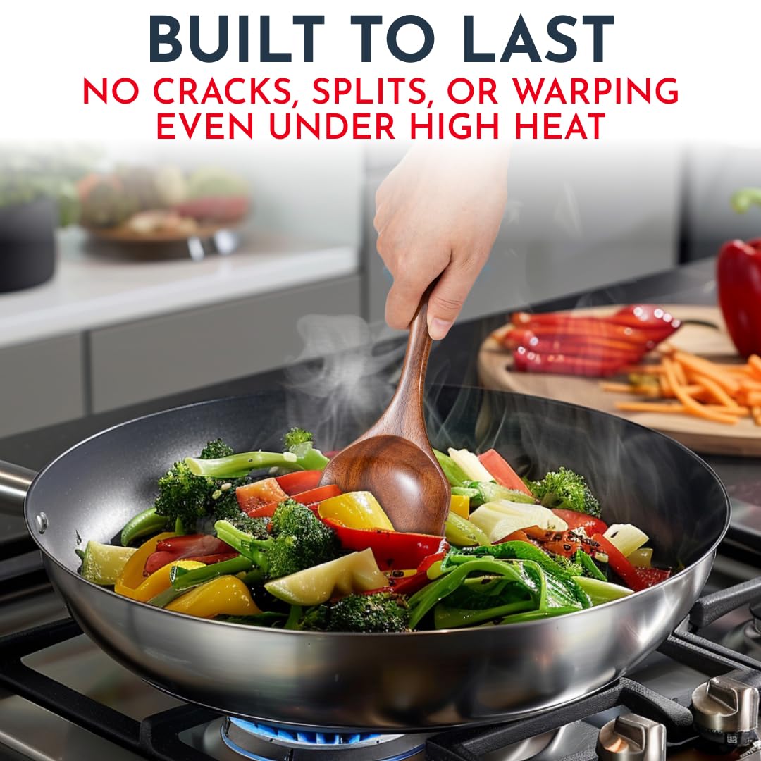 Teak Wooden Utensil Set 6-Piece - Smooth Finish Wooden Spoons for Cooking - Comfortable Grip, Non Scratch Premium Kitchen Wooden Cooking Utensils Set Teak Wood Cooking Utensils