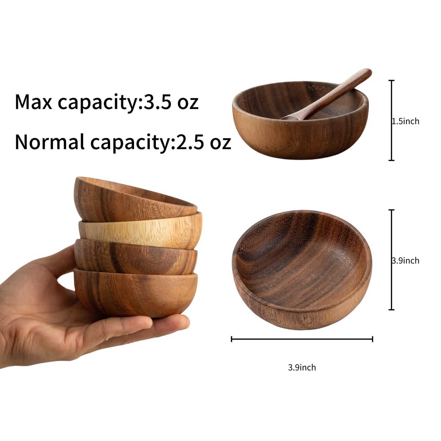 muso wood Wooden Dipping Bowls, 4 Pack Sauce Bowls, 2.5 oz Sauce Dish, Acacia Wood Sauce Bowls for Ketchup, Barbecue Sauce, Dressings, Appetizers