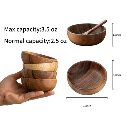 muso wood Wooden Dipping Bowls, 4 Pack Sauce Bowls, 2.5 oz Sauce Dish, Acacia Wood Sauce Bowls for Ketchup, Barbecue Sauce, Dressings, Appetizers