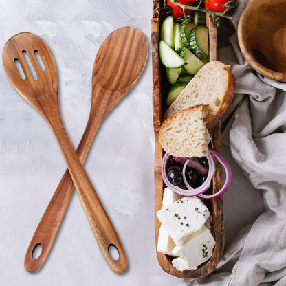 2-Piece 14 inch Large Wooden Spoon Set Non Toxic Solid Wood Spoon Cooking Utensils Slotted Spoon Long Non-Stick Cooking Spoons Teak Wood Kitchen Spatula for Mixing Stirring Serving Spoons