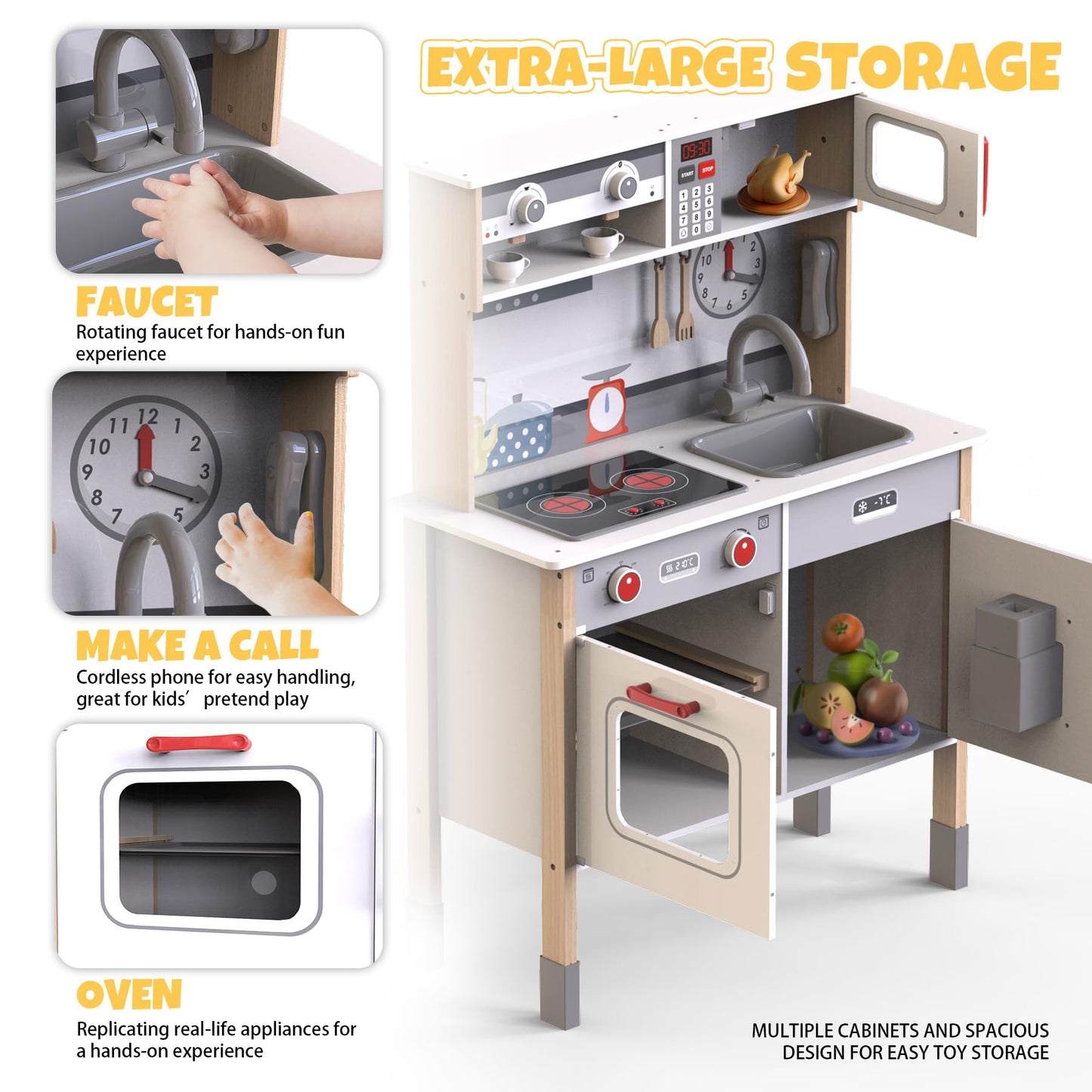 JOYOOSS Play Kitchen for Kids,Wooden Kids Kitchen Playset Toy Toddler Play Kitchen Set for Toddlers 3+ with Real Lights & Soundswith Cookware Accessories