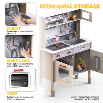 JOYOOSS Play Kitchen for Kids,Wooden Kids Kitchen Playset Toy Toddler Play Kitchen Set for Toddlers 3+ with Real Lights & Soundswith Cookware Accessories