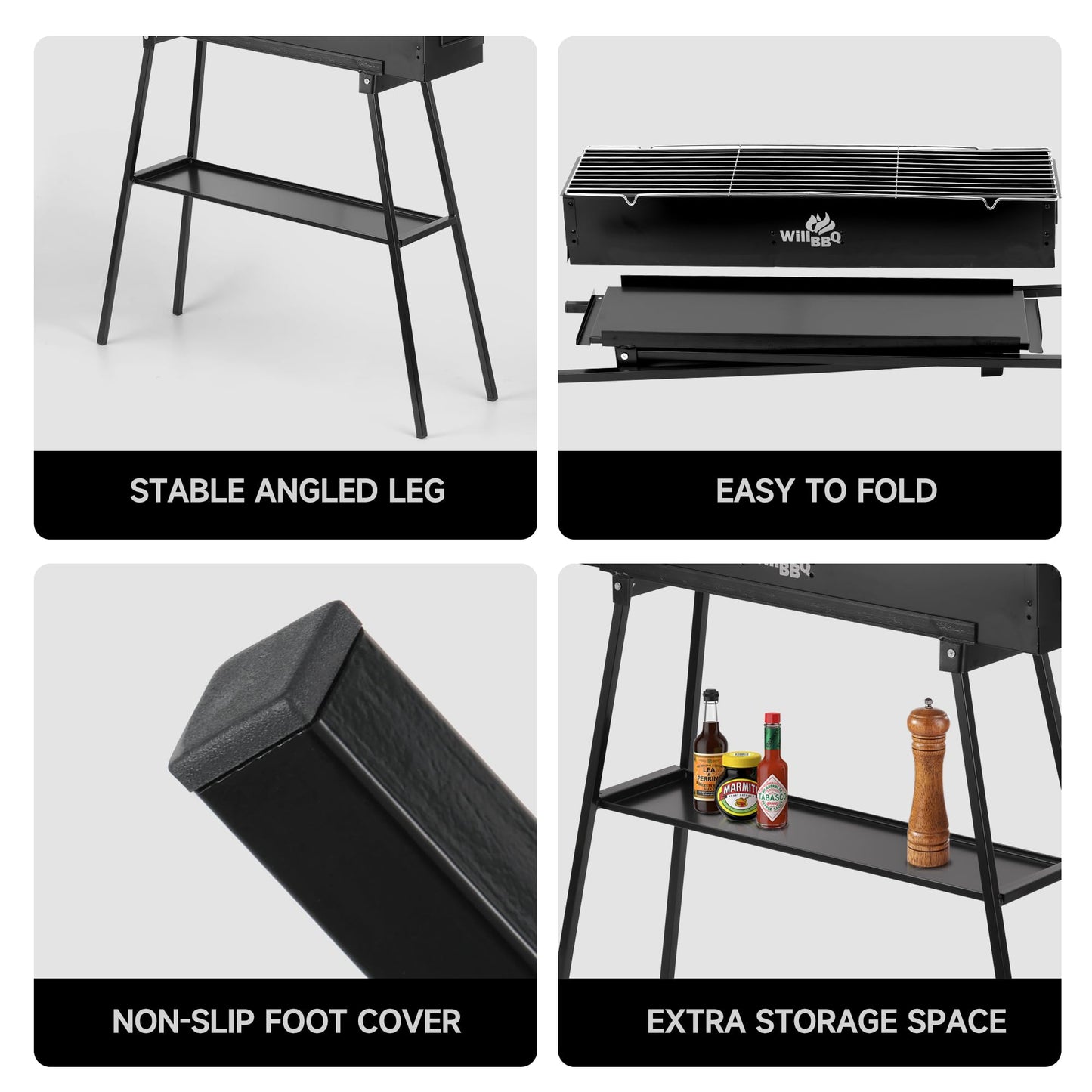 WILLBBQ Charcoal Grills Commercial Quality Portable Multiple Size Hibachi BBQ Lamb Skewer Folded Camping Barbecue Grill for Backyard Party Picnic Use(31.6x7.1x5.1 inch With Accessories),BLACK