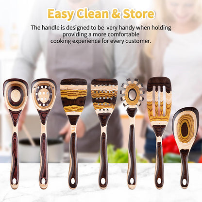 Gudamaye 7-Piece Brown Pakkawood Utensils Set – Sturdy, Eco-Friendly, Wooden Spoons for cooking, Wooden Utensil for cooking, Wooden Kitchen Tool, Home & Kitchen Gifts for Men and Women