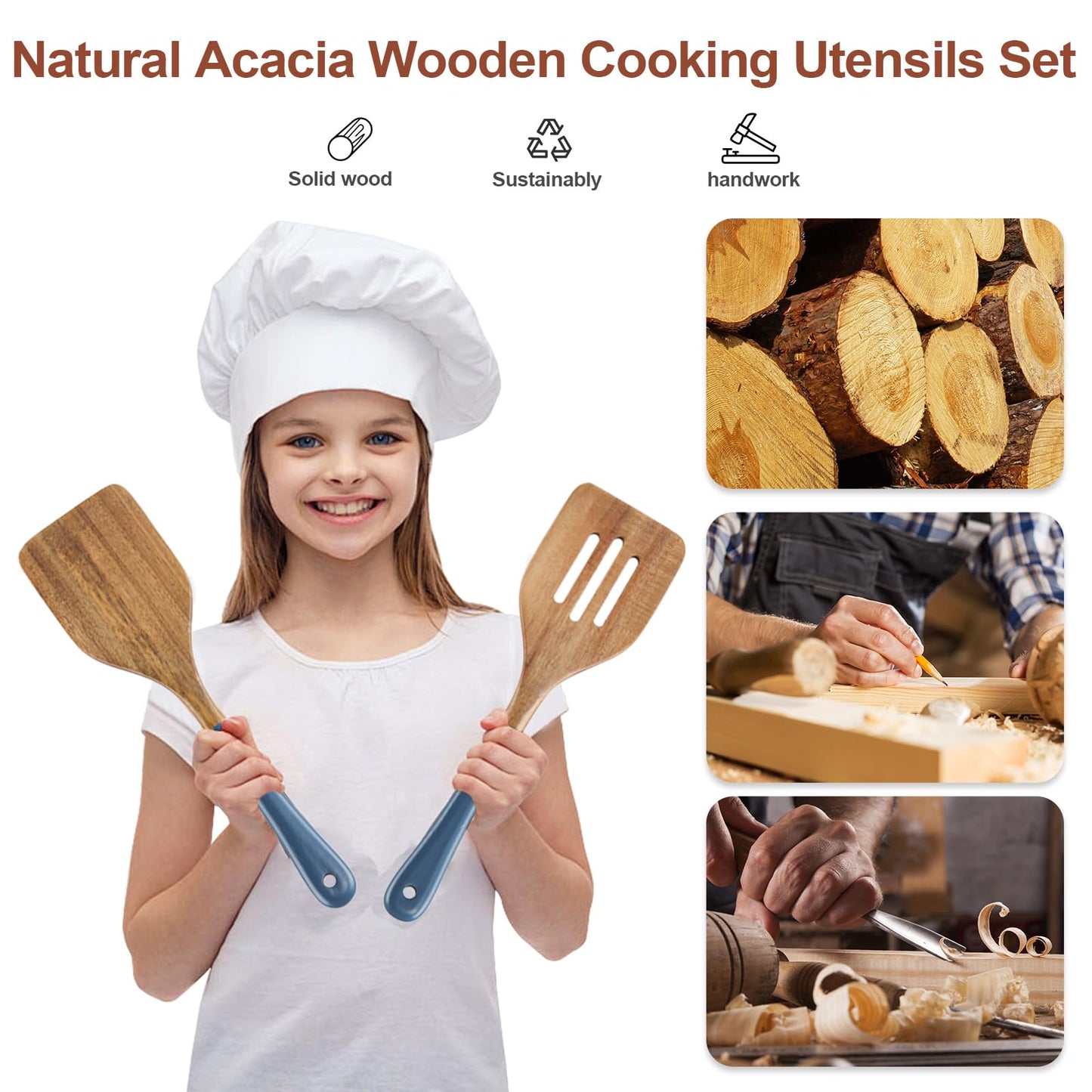 ROSOS Wooden Spoons For Cooking, 6 PCS Natural Acacia Wooden Cooking Utensils, Non-Stick Wood Kitchen Utensil Set for Kitchen Essentials, Smooth Grip Wood Cooking Spoons with Hanging Hole, Blue