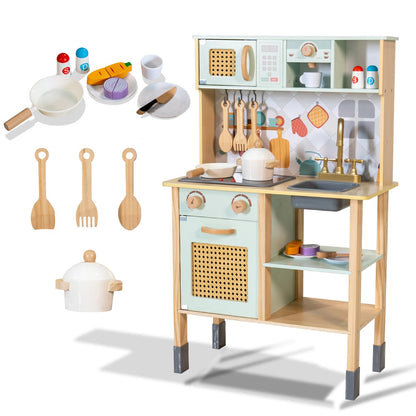 Garsing Play Kitchen for Kids Toddlers with Sounds, Wooden Kids Kitchen Playset with Realistic Features, Modern Toy Kitchen Sets with Storage and Accessories for Boys Girls, Age 3+, Green