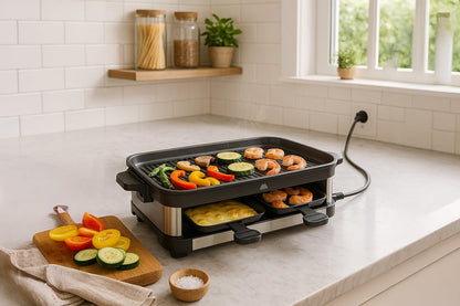 Maverstone Raclette Grill – Smokeless Indoor Electric Table Top Griddle with 1600W Fast Heating Dual-Zone Cooking - Stainless Steel - Easy Clean Nonstick Surface