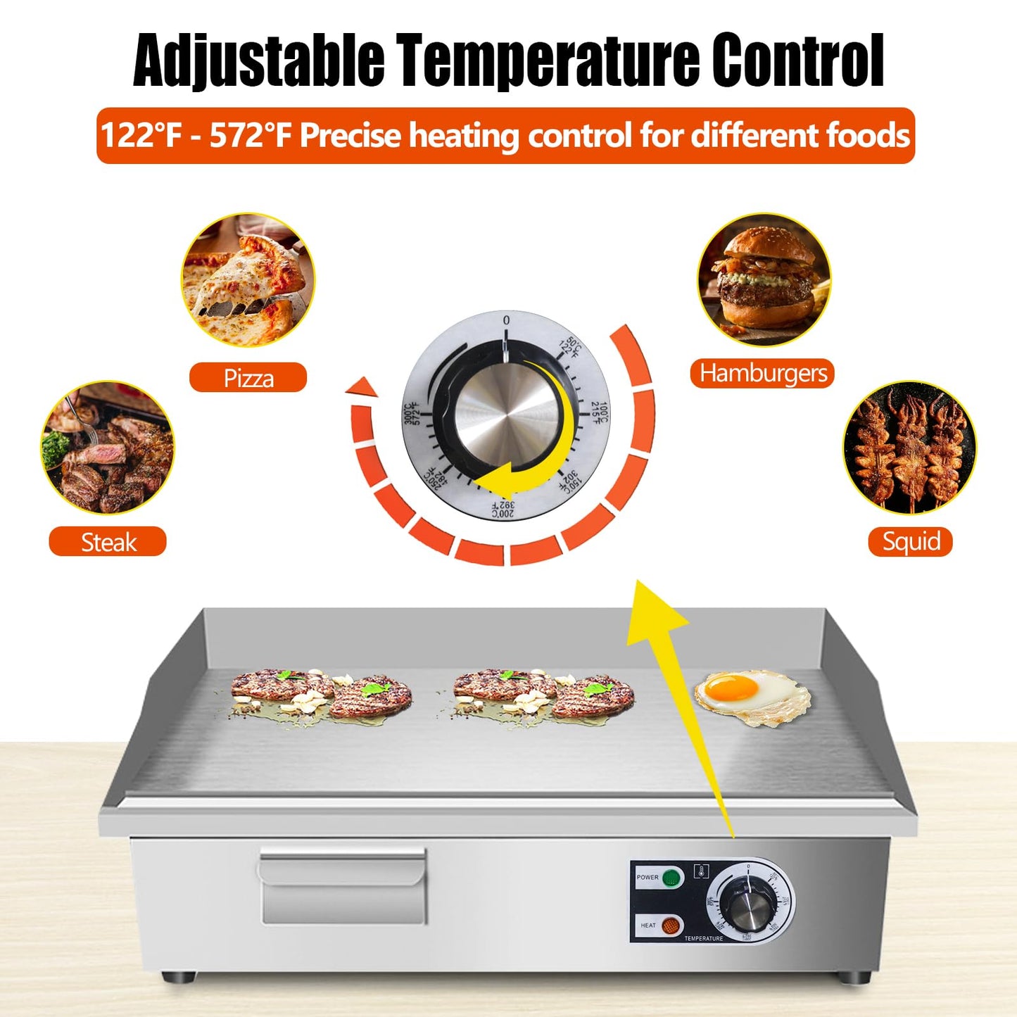 ExGizmo 22" Commercial Electric Griddle,Electric Countertop Flat Top Griddle,110V 1600W Electric Flat Top Grill,Non-Stick Restaurant Teppanyaki Stainless Steel Grill,Adjustable Temperature Control