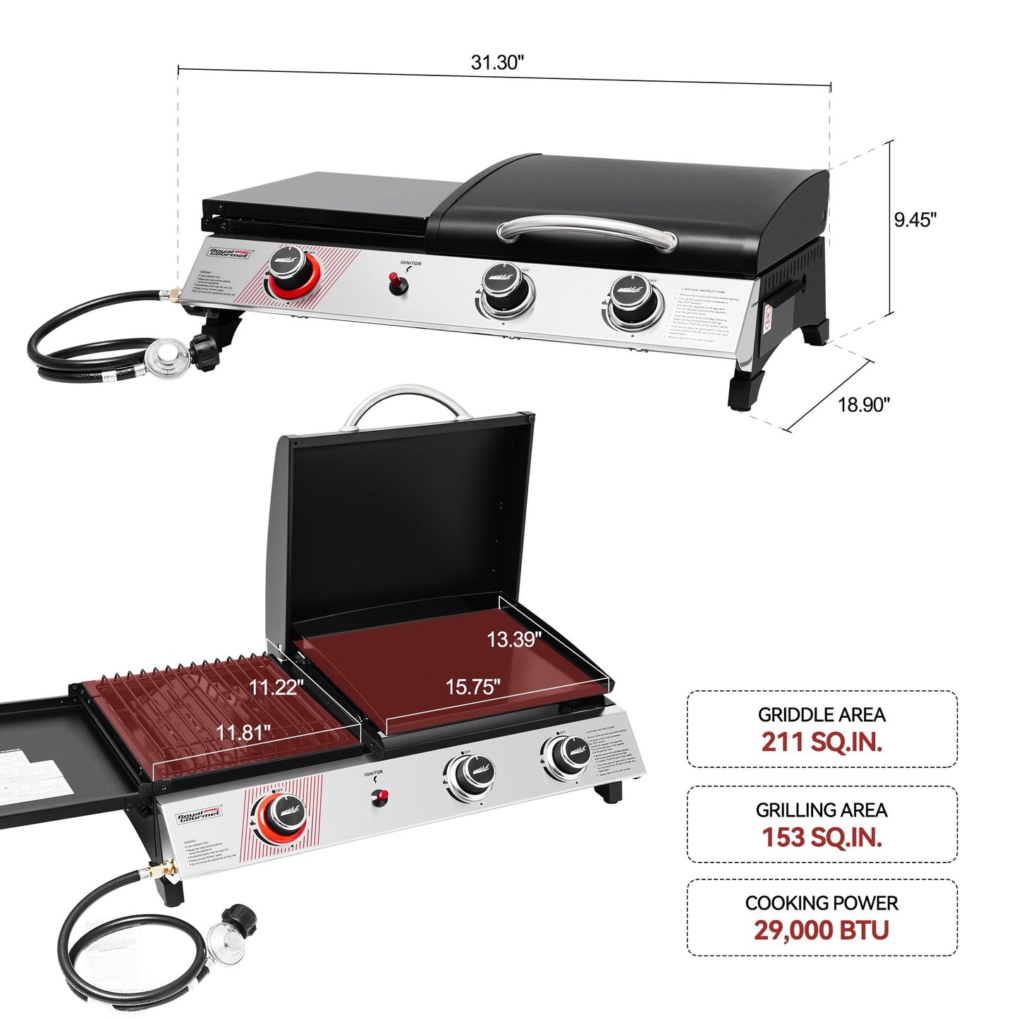 Royal Gourmet PD1305H 3-Burner Propane Gas Grill and Griddle Combo with Lid, 3-in-1 Grill Griddle Combo with 29,000 BTUs Output for Outdoor Cooking, 364 Sq. In. Cooking Area, Silver & Black